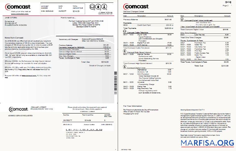 Downloadable USA Comcast utility bill template in Word and PDF formats, 2 pages, version 2